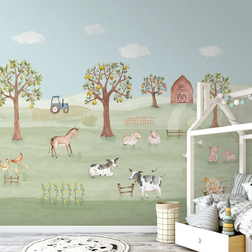 Sanders & Sanders fotobehang boerderij dieren groen en blauw - 318 x 275 cm - 640878