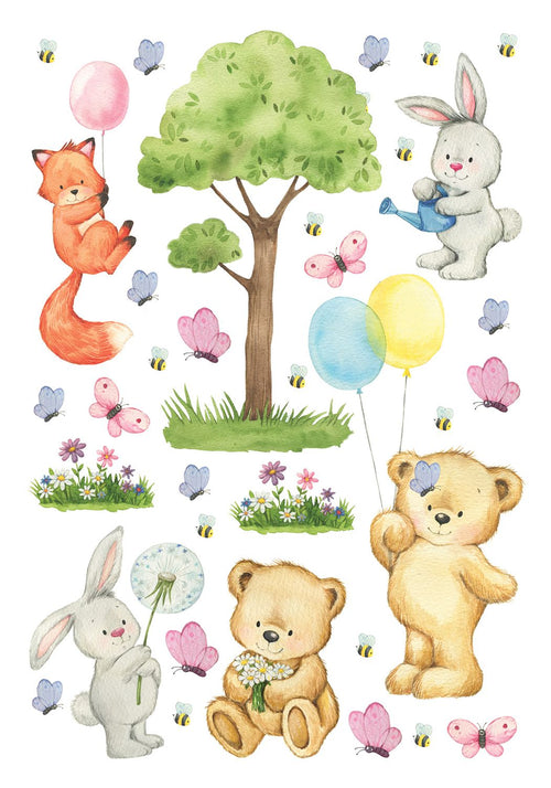 Sanders & Sanders muursticker bos met bosdieren multicolor - 65 x 42.5 cm - 601345
