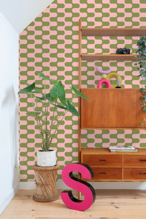 ESTAhome behang golvende lijnen groen en roze - 50 x 900 cm - 131835