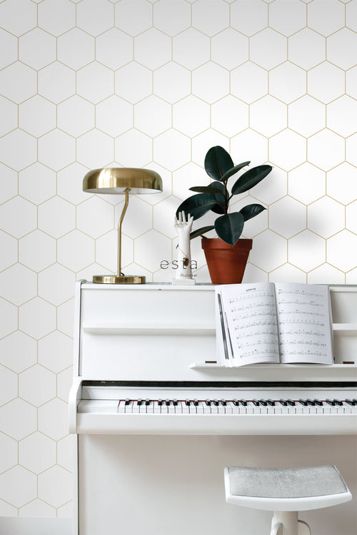 ESTAhome behang hexagon wit en goud - 53 cm x 10.05 m - 139312
