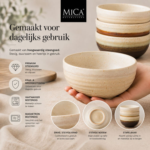 Mica Decorations Kommen Set 4 Stuks - Schaaltjes Set van Steengoed - Ontbijtkommen, Dessertkommen en Snackkommen - Ø11 x 5,5 cm - Aardetinten
