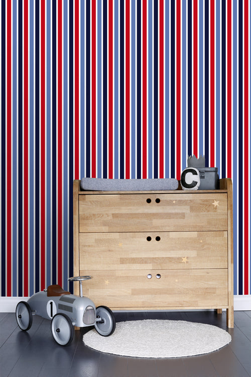 ESTAhome behang verticale strepen donkerblauw, rood en wit - 53 cm x 10.05 m - 138705