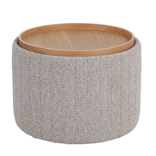 DÉJA Living Salontafel Angela – Rond – Met Opbergruimte – Chenille – Essen Fineer – 55x55x42 cm – Taupe/Naturel
