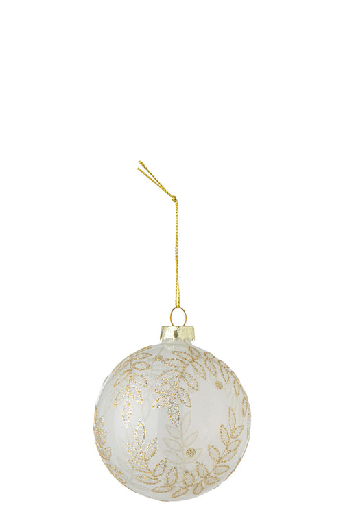 J-Line Kerstbal met bladeren - glas - wit/goud - set van 24