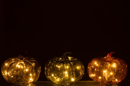J-Line decoratie Pompoen - glas - cognac/olijfgroen - 3 stuks - LED lichtjes