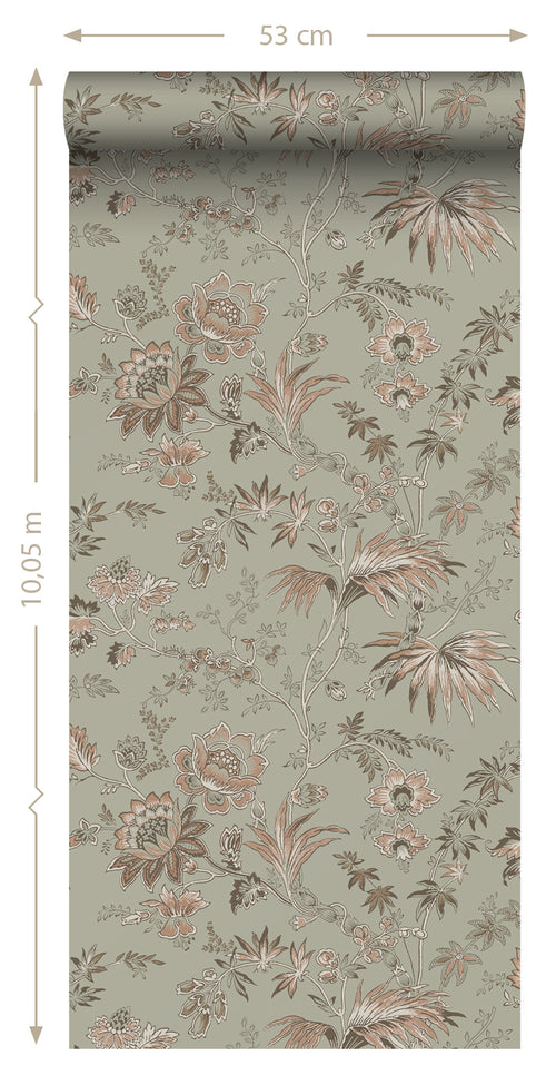 ESTAhome behang vintage bloemen vergrijsd mintgroen en zacht roze - 53 cm x 10.05 m - 139297