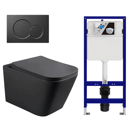 LOMAZOO hangtoiletset Linea - met inbouwreservoir & ronde drukplaat - vierkant - zwart