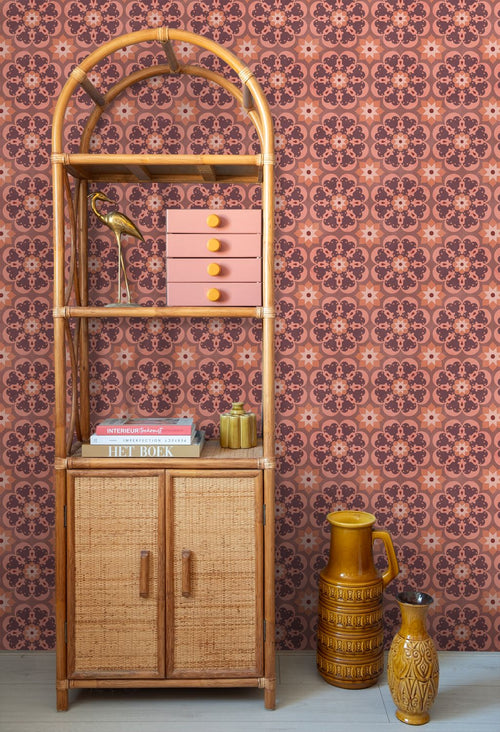 ESTAhome behang tegelmotief paars en terracotta - 50 x 900 cm - 132075