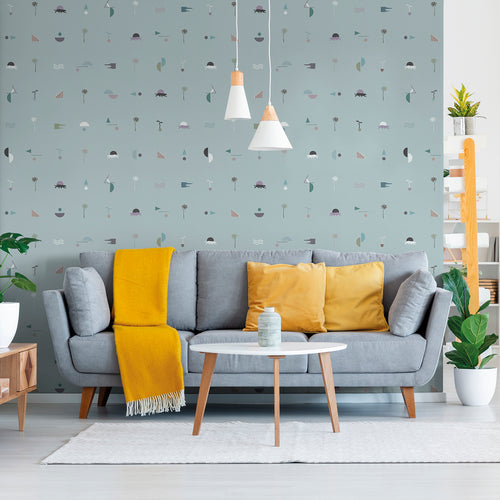 Sanders & Sanders fotobehang symbolen vergrijsd blauw - 300 x 106 cm - 640381 - vtwonen shop