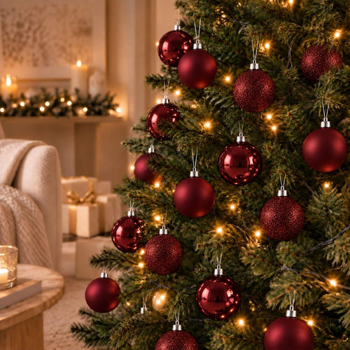Mica Decorations Bal Onbreekbaar Donkerrood 27 Stuks - Kerstballenset Ø8 cm - Onbreekbare Kerstballen voor Kinderen en Huisdieren - Kunststof