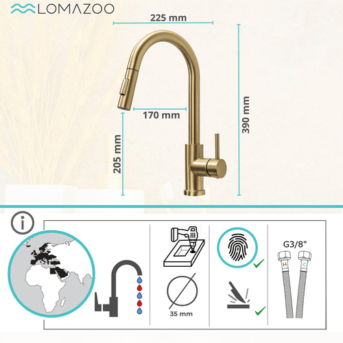 LOMAZOO keukenkraan Sphinx - met uittrekbare uitloop - mengkraan - goud