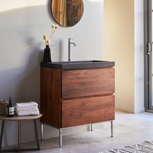 Tikamoon Badkamermeubel van massief palissander en lavasteen 80 cm - Donkerbruin - vtwonen shop