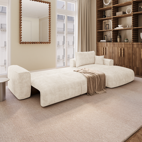 Premium Interiors - Rechthoekige hoekbank met slaapfunctie en opbergruimte COMO - corduroy crème 297cm