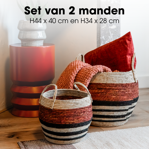 Mica Decorations Opbergmand met Handvatten - Set van 2 Opbergmanden - Woondecoratie en Opbergen - 34 x Ø28 cm en 44 x Ø40 cm - Bruin, Zwart
