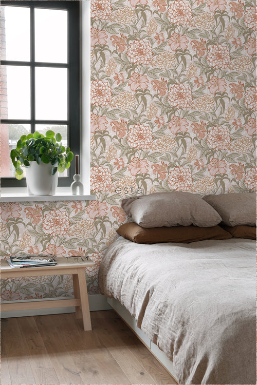 ESTAhome behang vintage bloemen oudroze en groen - 53 cm x 10.05 m - 139479