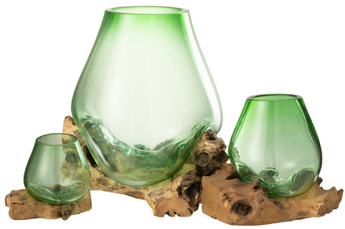 J-Line vaas op voet Gamal - hout/glas - naturel/groen - large - 33 cm hoog