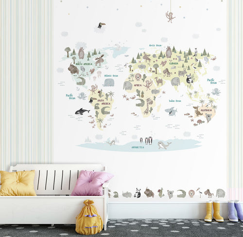 Sanders & Sanders fotobehang wereldkaart voor kinderen grijs en meerkleurig - 212 x 275 cm - 640882