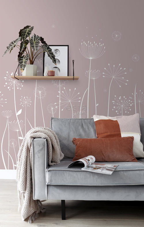 ESTAhome fotobehang paardebloem silhouetten wit en oudroze - 200 x 279 cm - 158905 - vtwonen shop