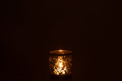 J-Line windlicht Blaadjes - glas - groen/goud - small