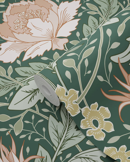 ESTAhome behang vintage bloemen in art nouveau stijl donkergroen en licht roze - 50 x 900 cm - 131081 - vtwonen shop