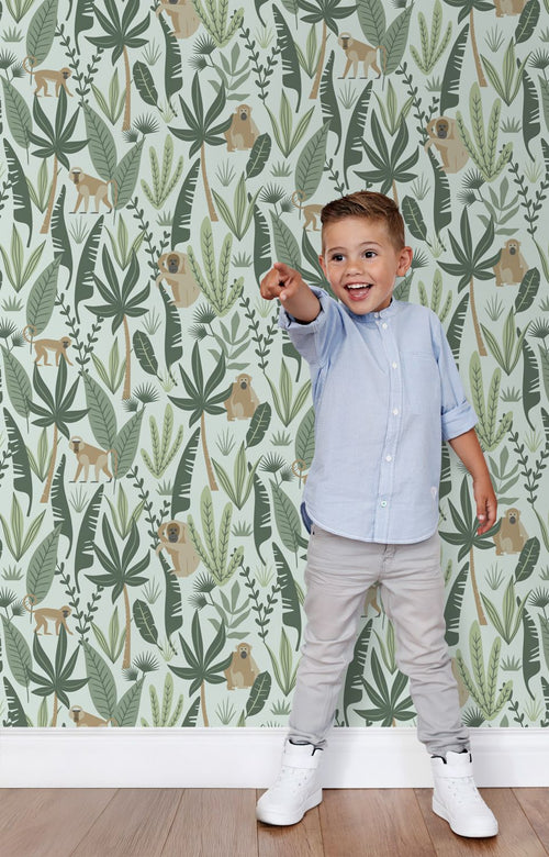 ESTAhome behang jungle apen mintgroen en donkergroen - 53 cm x 10.05 m - 139073