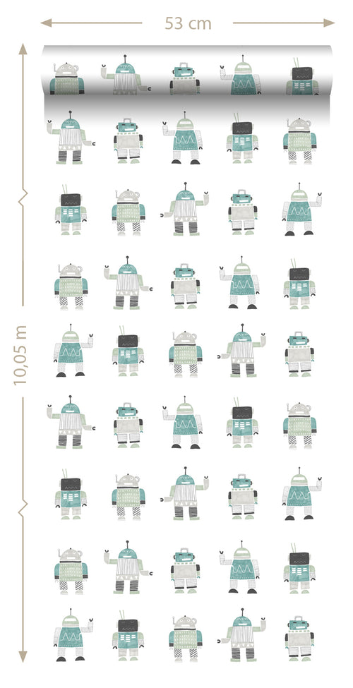 ESTAhome behang getekende vintage speelgoed robots mintgroen en blauw - 53 cm x 10.05 m - 138938