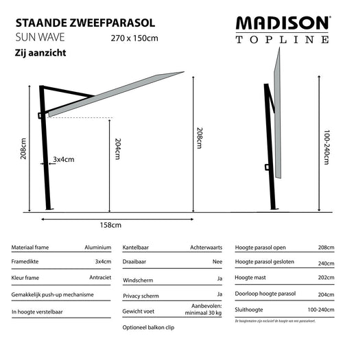Madison stokparasol Sun Wave 270x150 cm - ecru