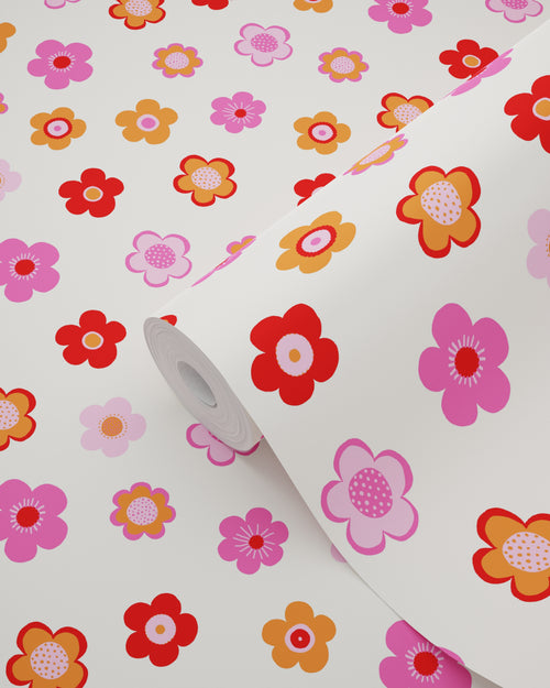 ESTAhome behang vintage bloemetjes roze, koraal rood en oranje - 53 cm x 10.05 m - 138725