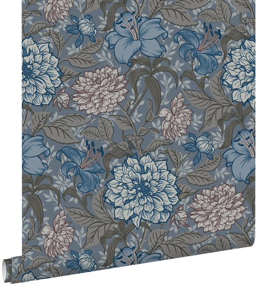 ESTAhome behang vintage bloemen vergrijsd blauw en warm grijs - 53 cm x 10.05 m - 139480