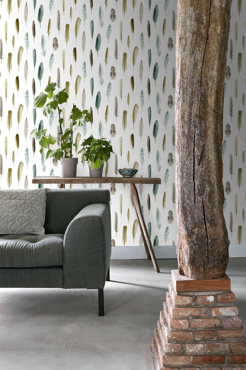ESTAhome behang veren okergeel, bruin en vergrijsd groen - 53 cm x 10.05 m - 138896