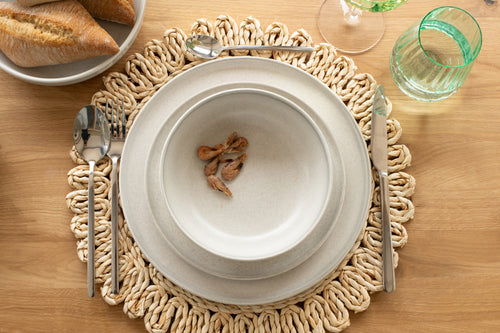 J-Line placemat Rond Bloem + Cirkels - jute - naturel - 6 stuks