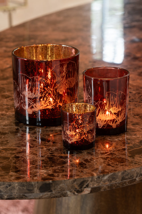 J-Line windlicht Bloemen - glas - bordeaux - small - 2 stuks