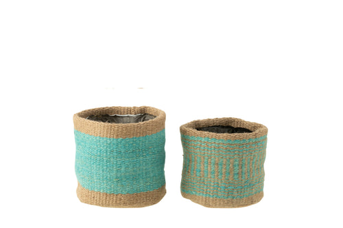 J-Line mand Rond + Band - jute - naturel/azuur - XS/S - 2 stuks - vtwonen shop