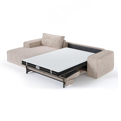 Premium Interiors - Linkshoekbank met snelle uitklapfunctie JUNE - gewaafd fluweel beige 320cm