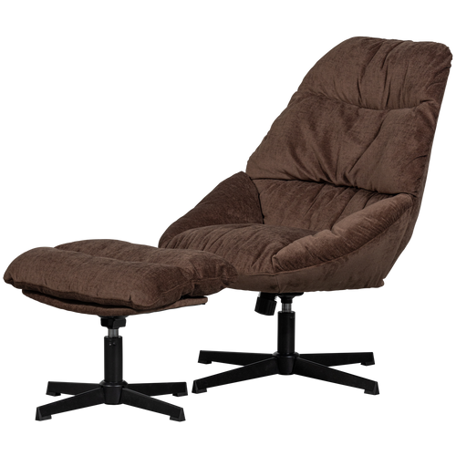 WOOOD draaibare fauteuil met hocker Yaro - Chenille - Espresso - vtwonen shop