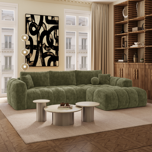 Premium Interiors - Rechthoekige hoekbank met slaapfunctie en opbergruimte SKY - gewaafd fluweel vintage groen 310cm
