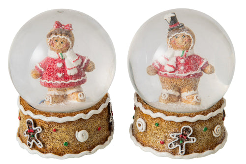 J-Line Sneeuwbol met peperkoekfiguur - polyresin - beige/kerstrood - assortiment van 2