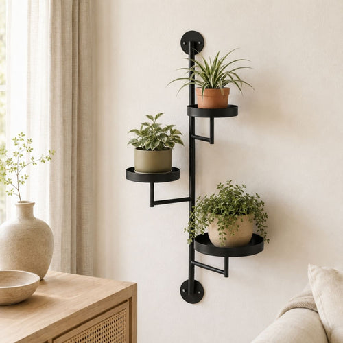 Mica Decorations Perry Wandrek Zwart - Metalen Wandrek met Ronde Plateaus voor Planten en Servies - Industrieel Design voor Elk Interieur - L30 x B23