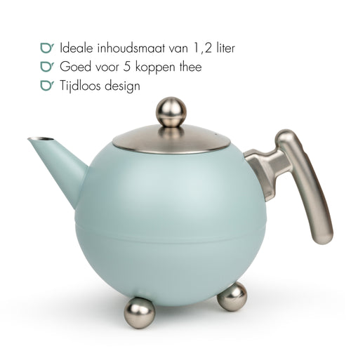 Bredemeijer - Duet® Bella Ronde – Dubbelwandige Theepot – 1,2 liter - RVS - Lichtblauw - vtwonen shop