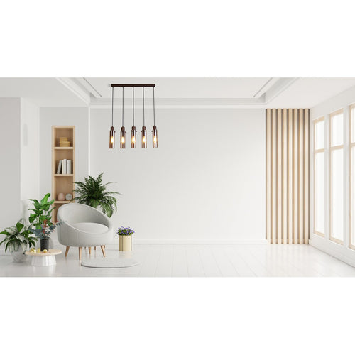 Searchlight Sweden II 5 lichtbalk plafond hanglamp mokka metaal & amber glas