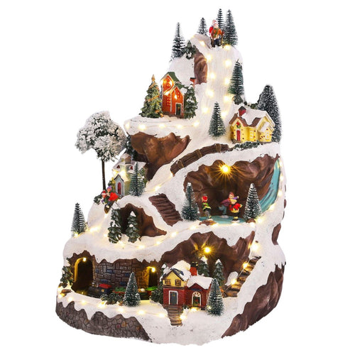 Luville Kerstdorp Miniatuur Skipiste - Kerstversiering met Ronddraaiende Kerstboom en Rijdend Treintje - Kerst Decoratie met Verlichte Huisjes -