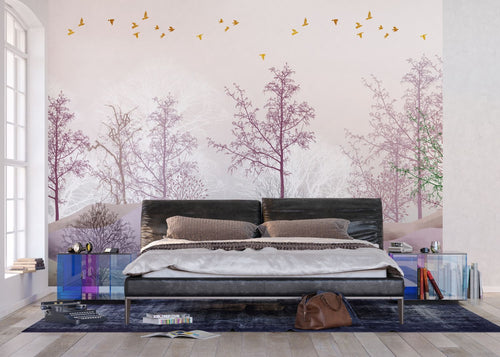 Sanders & Sanders fotobehang bosrijk landschap paars, beige en wit - 375 x 270 cm - 600976 - vtwonen shop