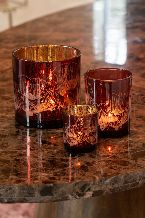 J-Line windlicht Bloemen - glas - bordeaux - small - 2 stuks