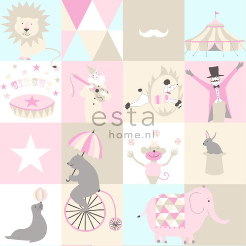 ESTAhome behang circus figuren licht roze, lichtblauw en beige - 53 cm x 10.05 m - 138711