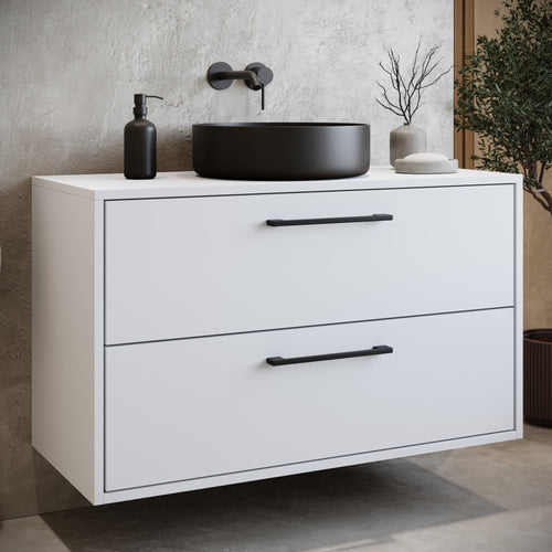 Badplaats Wastafelkast Florence 80 x 46 cm – Hoogglans Wit – Hangend Badmeubel met 2 Lades en Zwarte Handgrepen