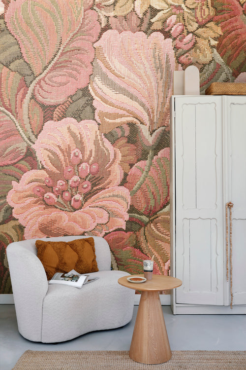 ESTAhome fotobehang geborduurd bloemmotief roze en groen - 250 x 279 cm - 159467 - vtwonen shop