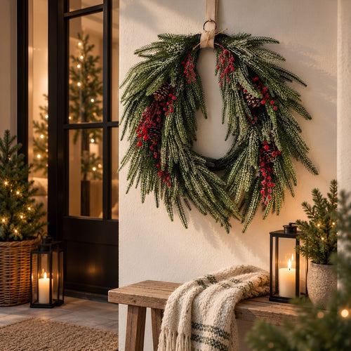 Mica Decorations Krans Dennenappel Groen - Kerstkrans met Rode Bessen en Dennenappels - Decoratieve Deurkrans voor Kerst - Gemaakt van Stevig