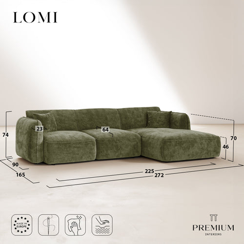 Premium Interiors - Rechthoekige hoekbank LOMI - gewaafd fluweel vintage groen 272cm