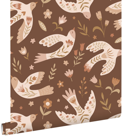ESTAhome behang bloemen en vogels bruin - 50 x 900 cm - 131755