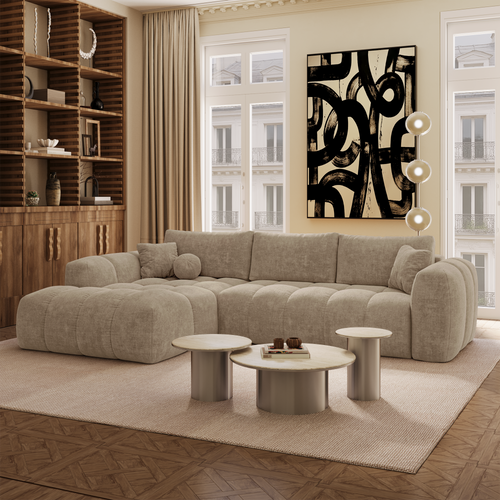 Premium Interiors - Linkshoekbank met slaapfunctie en opbergruimte SKY - kruisbinding  mol 310cm